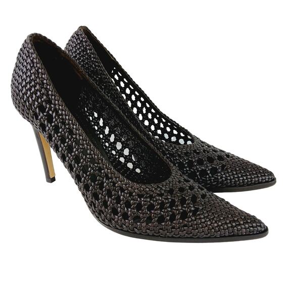 Tory Burch SZ 7.5M 100mm Woven Leather Stiletto Pumps Chocolate Brown $549 - Picture 1 of 10